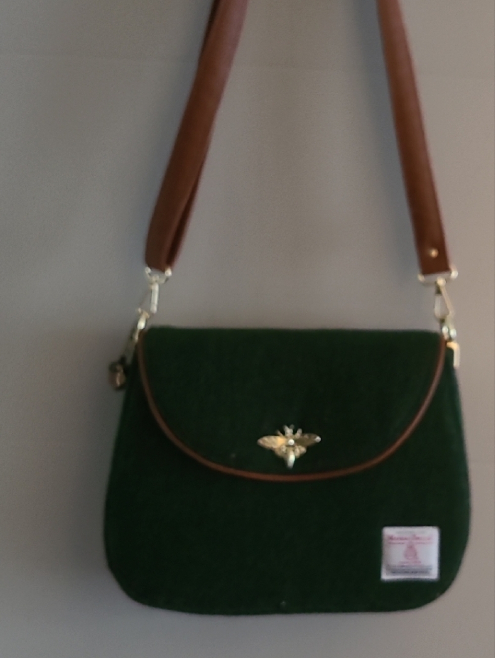 Handmade Green Wool Crossbody Bag with Brown Leather Strap